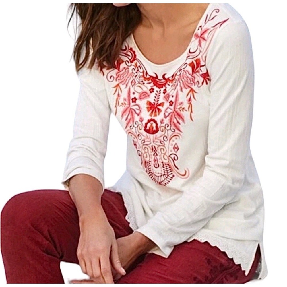 Soft Surroundings‎ White Red Embroidered Gauzy Boho Long Sleeve Top Size Medium